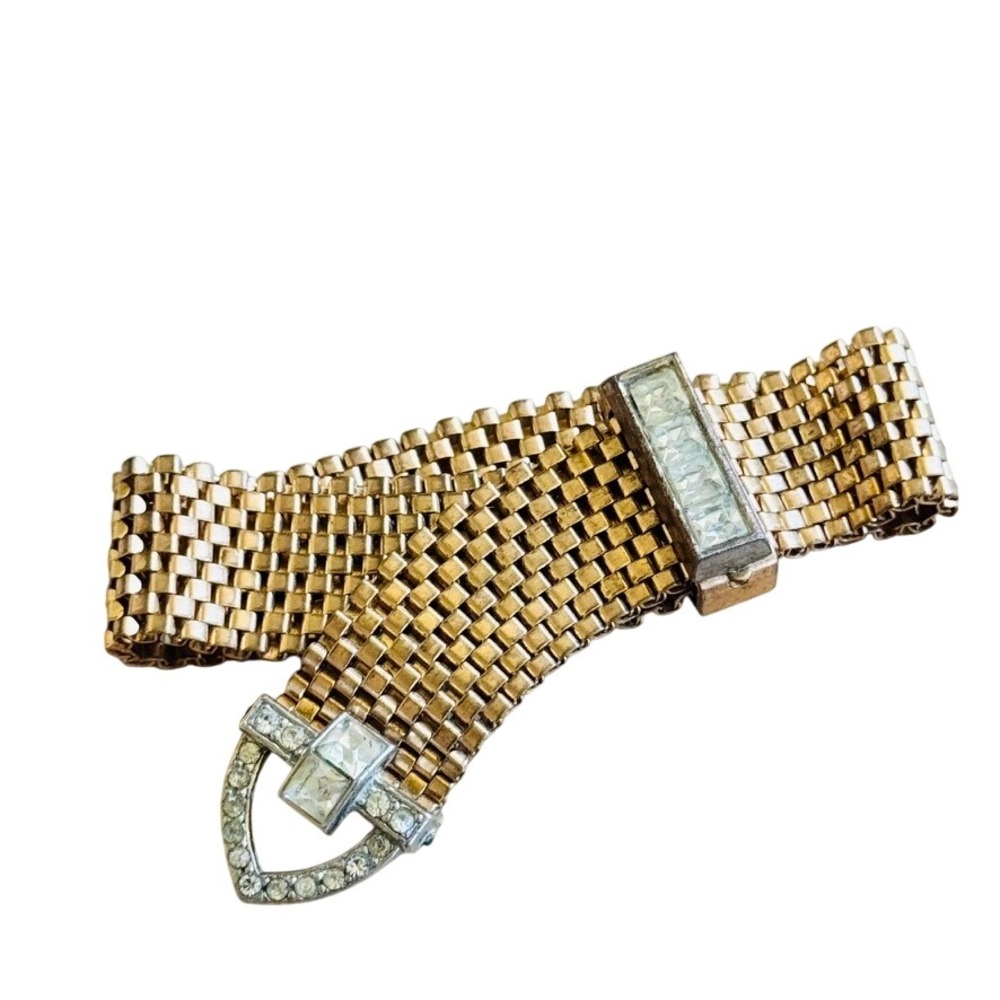 VTG Lisner Signed Bracelet Belt Buckle Mesh Gold Rhinestone Art Deco 1940s 7"